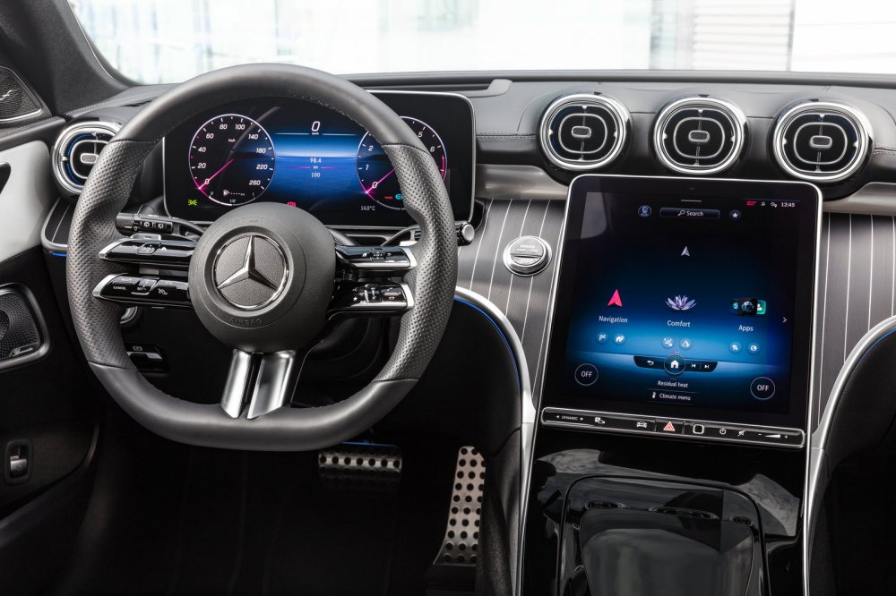 Mercedes-Benz C-Klasse T-Modell, 2021, Spektralblau, Leder zweifarbig Nevagrau/Schwarz. Interieur Mercedes-Benz C-Class Estate, 2021, spectral blue, neva grey/black leather. Interior
